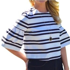 Zara Trafaluc Crop Top White Black Stripe Flared Sleeves L - EUC